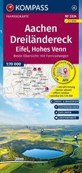 KOMPASS Fahrradkarte 3324 Aachen, Dreil&auml;ndereck, Eifel, Hohes Venn mit Knotenpunkten 1:70.000