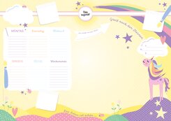 Schreibtischunterlage Kinder aus Papier in Gelb / Rosa mit Einhorn Motiv | 50 Blatt zum Abrei&szlig;en in DIN A2
