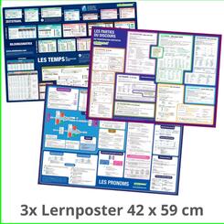 mindmemo Lernposter 3er Set - Franz&ouml;sische Zeiten + Wortarten + Pronomen | Grammatik lernen Grundwissen Lernhilfe